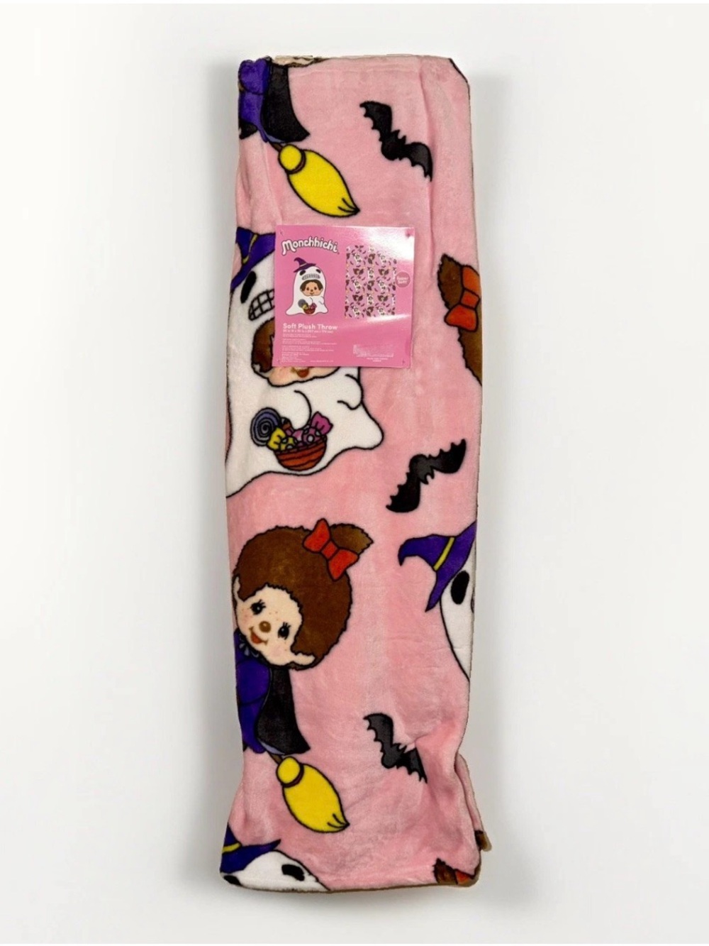 NWT Monchhichi Halloween Candy Ghost Pink Soft Plush Throw Blanket 50x70